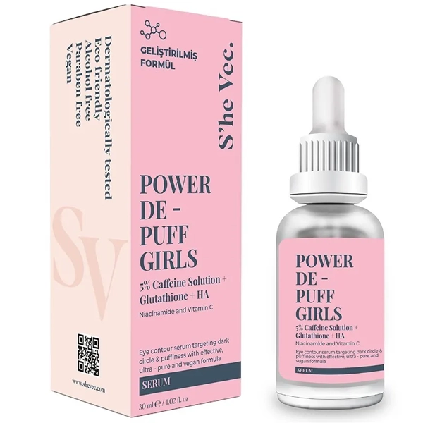سرم کافئین و ضد پف دور چشم شی وک اصل مدل پاور د پف گرل 30 میل | She Vec Power De Puff Girls Caffeine + Glutathione + HA 30ml